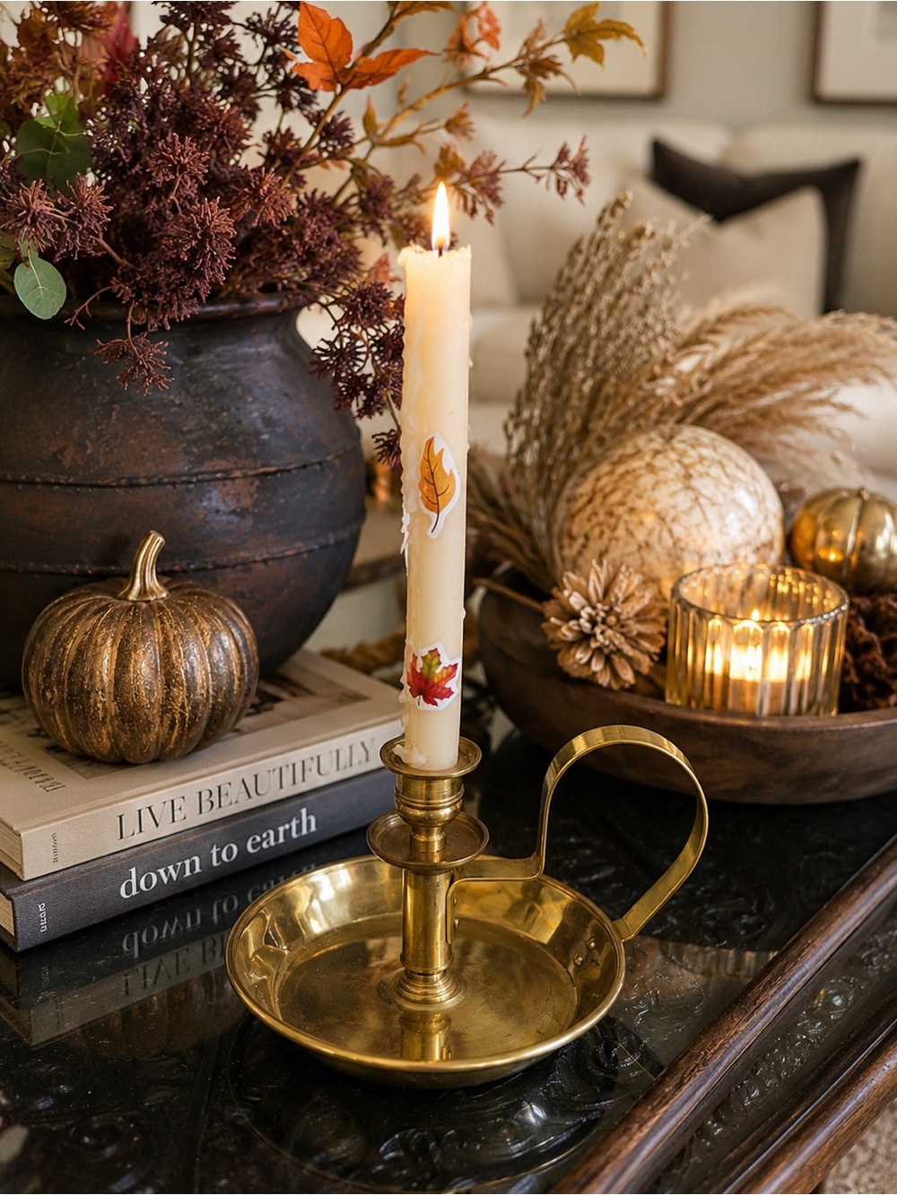 Brass Chamberstick Candle Holder with Handle - Gold